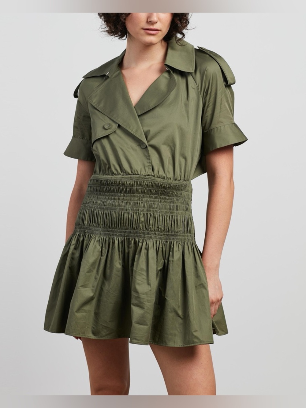 Self-Portrait Smocked Cotton Trench Mini Dress - Khaki Green - Size 4